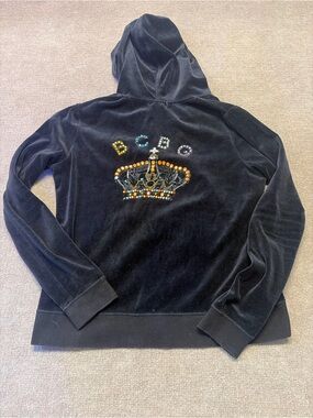 BCBG Black Velvet Zip-Up Hoodie with Jeweled Crown 0925